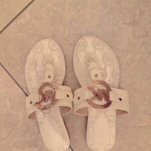 Michael Kors White Sandal Slides with Gold MK Medallion